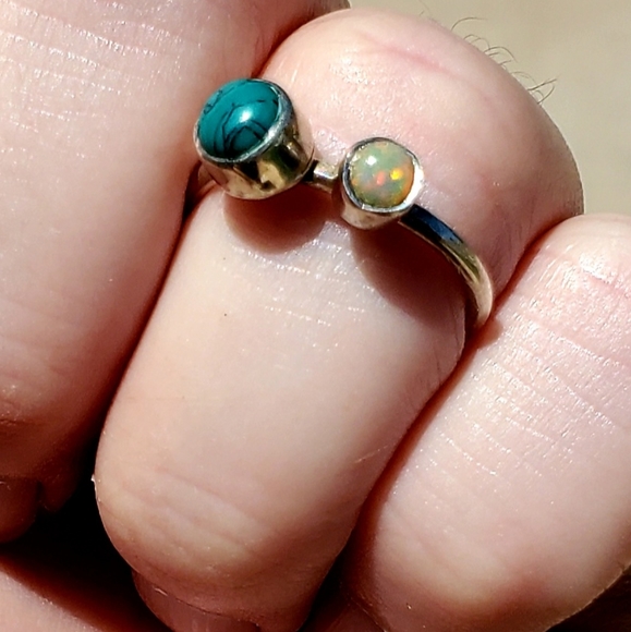New Ethiopian Opal & Turquoise Thin Silver Band Ring. - Picture 11 of 15